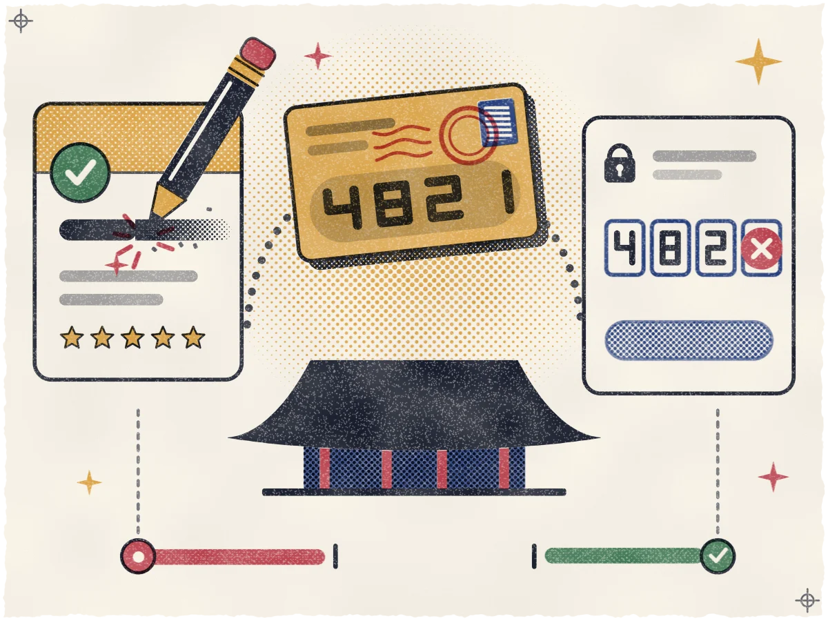 Print of a profile card with a pencil rubbing its name bar down to a shorter one, an ochre postcard stamped with code 4-8-2-1 flying over a Korean rooftop, and a code-entry card whose last box shows a rose X, with a timeline strip below showing a rose pending dot, a gap, and a teal verified dot.