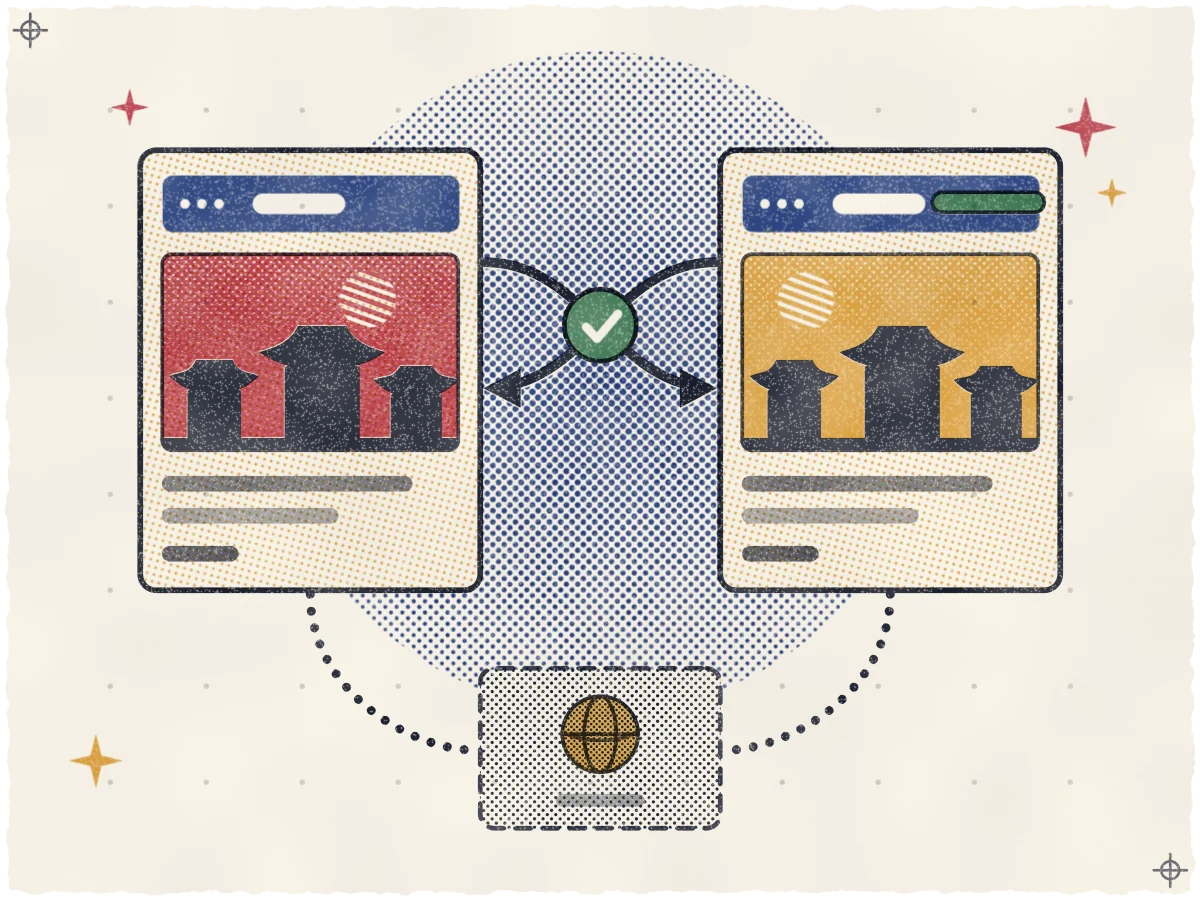 Print of two upright browser-window pages side by side, a rose-and-rooftops Korean page and an ochre-and-rooftops page whose address bar has an extra teal segment, joined by two crossing black arrows with a teal check seal at the centre, and linked by dotted lines to a small dashed fallback card holding an ochre globe, all on an indigo halftone disc.