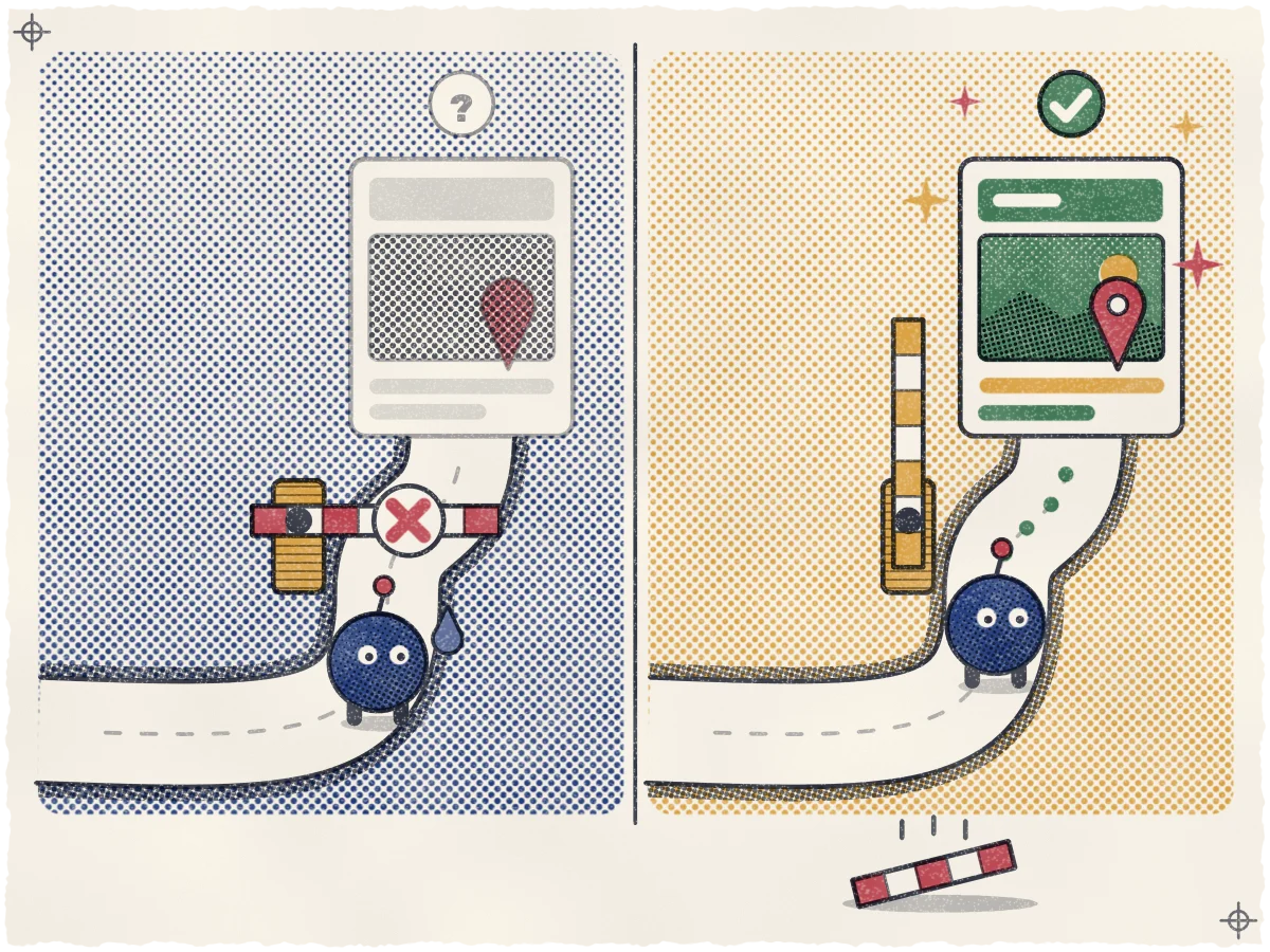 Print of a before and after split in two panels: on the left a round indigo robot crawler stops behind a rose striped gate with a bold X on a winding cream road, a sweat-drop beside it, while the page card with its rose map pin is a faded grey halftone with a "?" above it; on the right the gate stands raised in ochre, the crawler is partway along the road with a dotted teal trail leading to a fully inked teal and ochre page card with a teal check mark, stars around it, and a small rose barrier stub lifted aside beneath the panel.