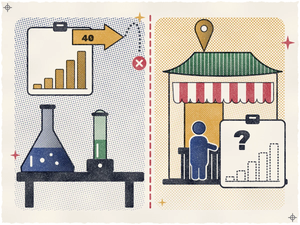 Print of a split scene with a dashed red gap down the middle: on the left, an indigo flask and a teal test tube on a dark lab bench under a clipboard card whose five ochre bars climb steeply to an ochre arrow marked 40, with a dotted bridge from that arrow that ends in a red X short of the gap; on the right, a Korean shop with a pine-teal tiled roof, a rose-red awning and an ochre map pin, a lone indigo customer at its counter, and in front of them a matching chart card holding only empty dotted bars and a single black question mark.