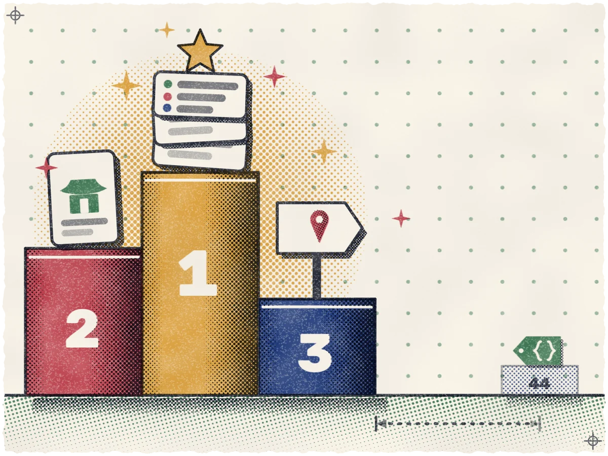 Print of a three-step podium with a gold star over a stack of list cards on the tall ochre step 1, a page card with a teal rooftop on the rose step 2, and a map pin on a street sign on the indigo step 3, while far to the right across a long dotted measuring line a tiny teal braces tag sits on a faint stub labelled 44.
