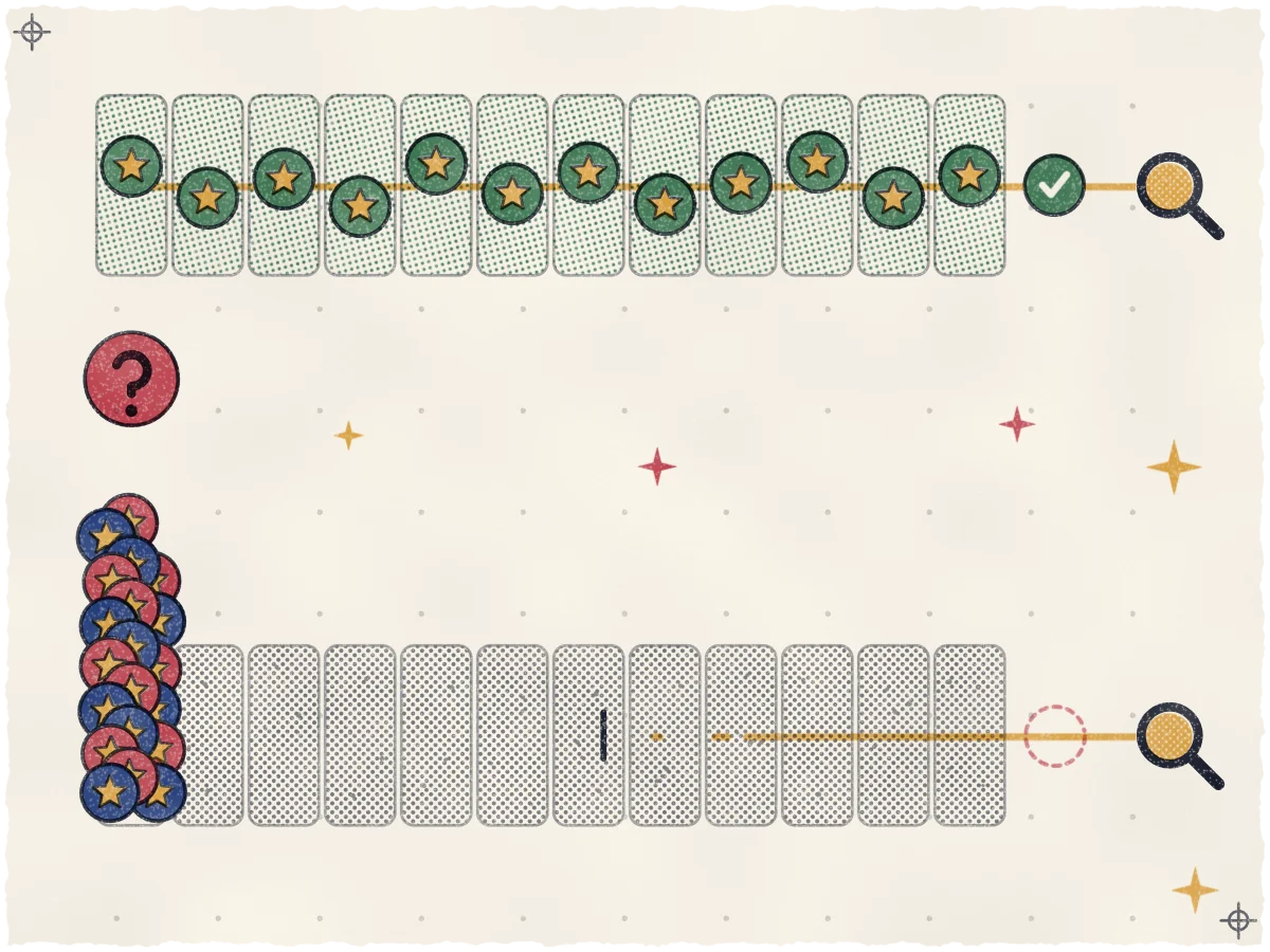 Print of two twelve-slot calendar rails, the top one with a teal star coin dripping evenly into every slot and ending in a teal check beside a magnifier on an unbroken ochre line, the bottom one with a crammed, overflowing pile of indigo and rose star coins in its first slot under a rose "?" circle, eleven empty dusty slots, and an ochre line that breaks and stops short.