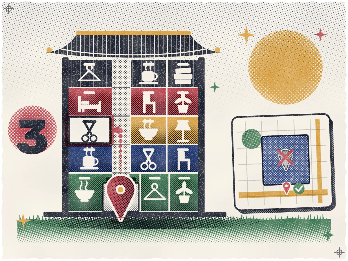 Print of a narrow five-storey Seoul building cut open like a dollhouse, each floor in a different overprinted ink and holding two or three tenant icons, with a big rose-red map pin planted at the ground-floor doorway and a dotted halftone line rising to the outlined third-floor room beside a bold "3", next to a small street-map tile where a ghost pin sits crossed out in the middle of the block and a small pin with a check sits at the street entrance.