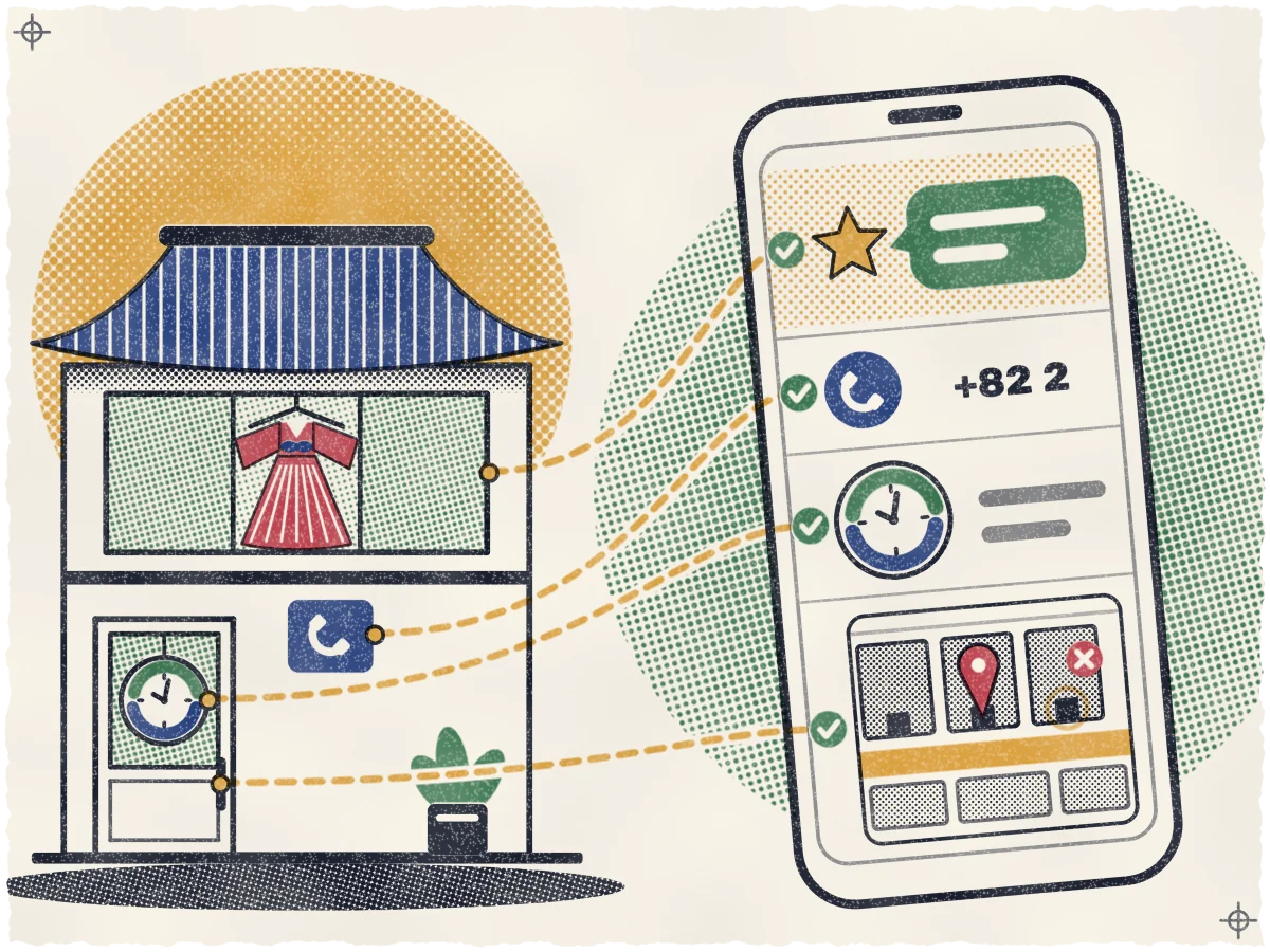 Print of a hanbok-rental shop with an indigo tile roof, a rose hanbok in its window, a clock sign on the door and a phone plaque, joined by four dashed ochre lines to a tilted phone listing that shows the same clock, a +82 2 number, a gold star with a reply bubble and a map with a rose pin on the shop's door (teal checks at each line end, a rose cross at the neighbor's bare door).