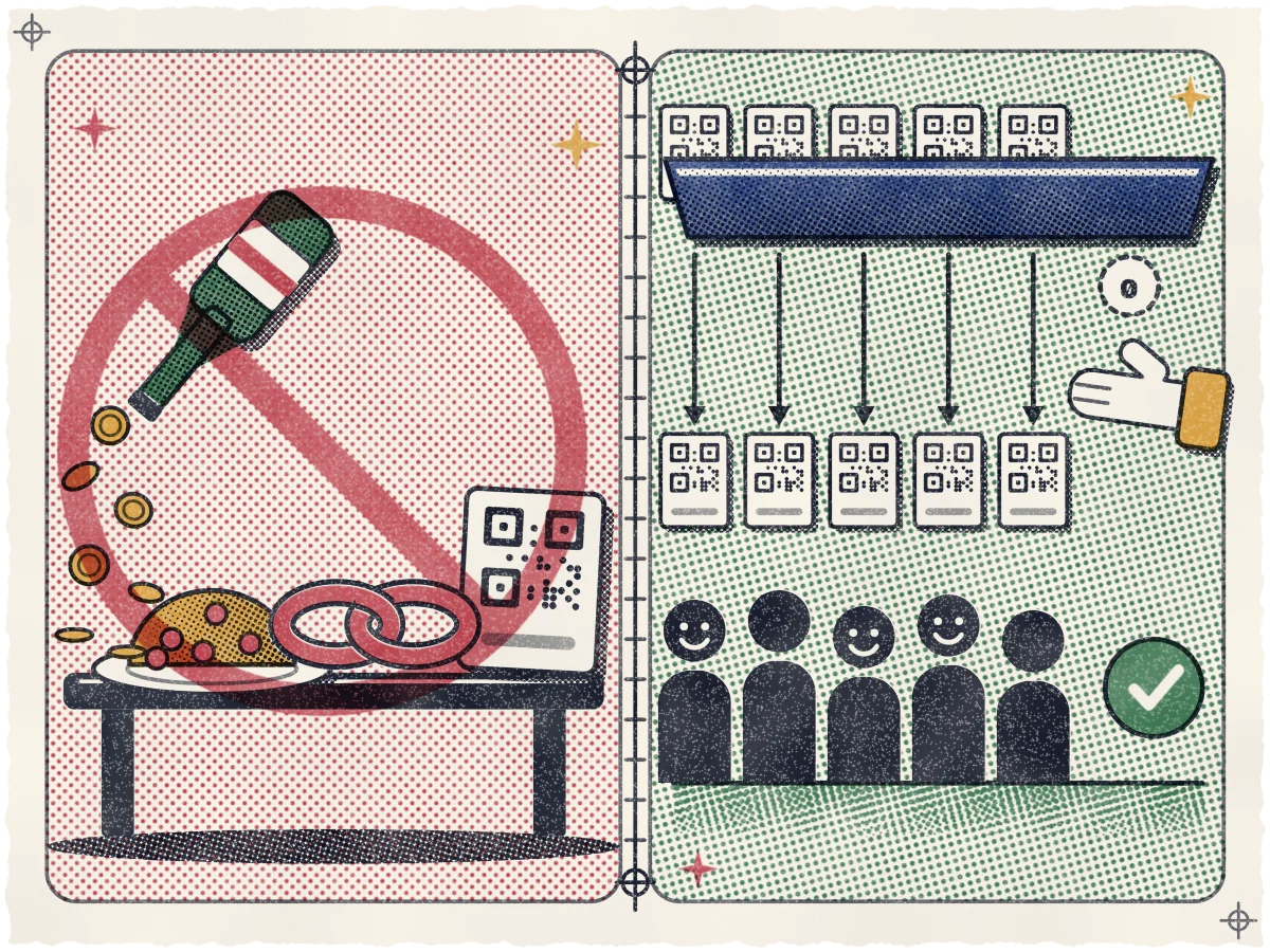Print of a split proof: on a rose-tinted left half, a free dish on a plate and a QR card on a table are joined by a chain and a tipped soju bottle spills coins, all struck through by a big no sign, while on the teal right half one indigo tray sends the identical QR card down equal arrows to five customers with nothing handed back (an empty open hand) and a green check at the end of the row.
