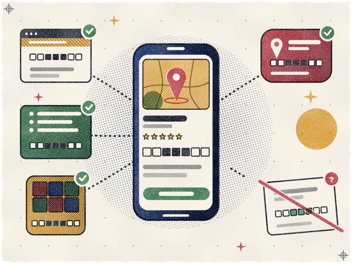 Print of a large indigo phone showing a map listing with a row of seven day squares and a solid near-black closed span, joined by dotted spokes to four satellites (a browser window with a banner stripe, a rose Naver pin card, an ochre photo-grid tile and a teal list card) that each repeat the same closed span under a teal check mark, while a fifth plain card with green open dates, struck through by a rose slash and a "?" badge, hangs apart on a broken spoke at bottom right.