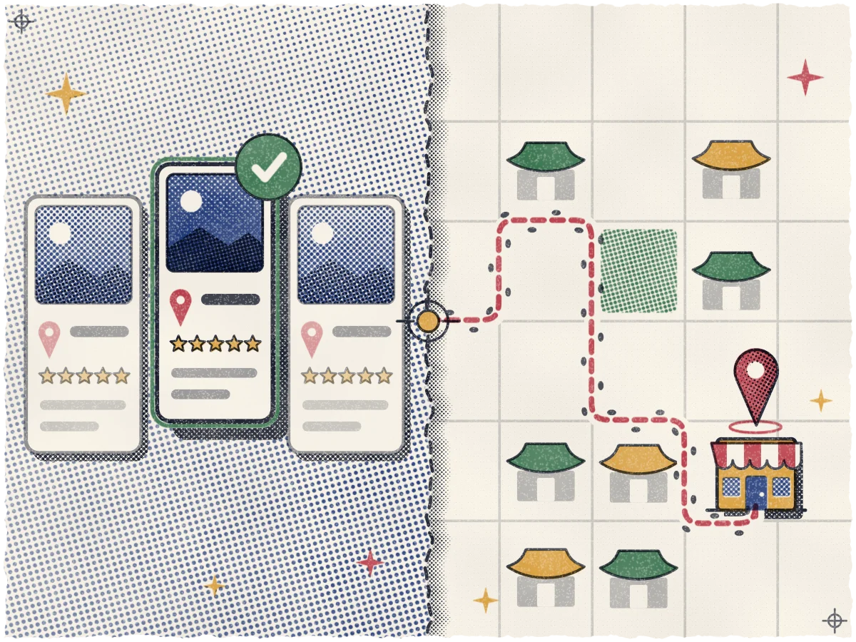 Print of three identical shop cards on an indigo left half, the raised middle one stamped with a teal check, cut by a torn dashed fold from a cream street map where a rose dashed footpath leaves one ochre registration dot, zigzags past teal and ochre Korean rooftops, and ends at a small ochre shopfront door under a rose map pin.