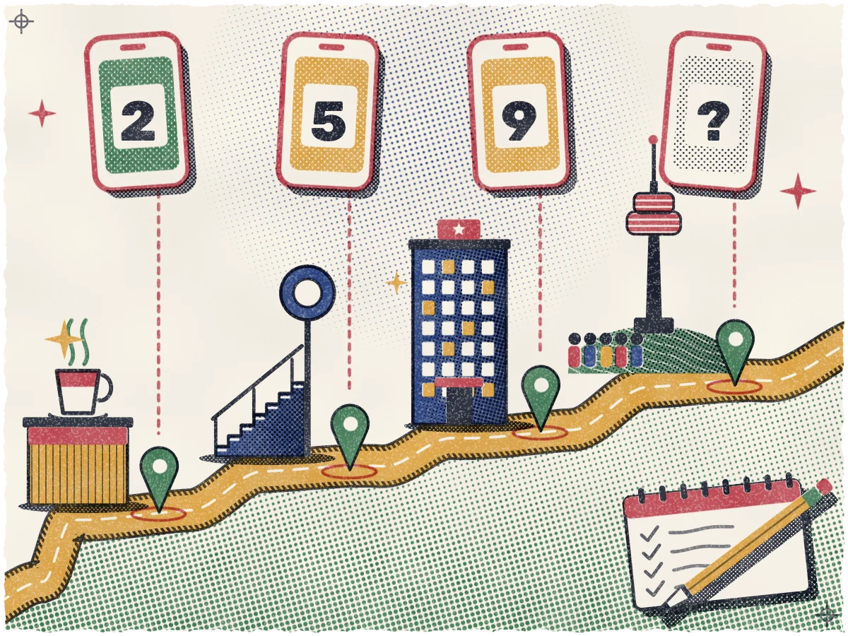 Print of a yellow-ochre road climbing from lower left to upper right past four teal pins, each with a landmark (a cafe counter with a steaming cup, a subway stair with an indigo roundel, a window-gridded hotel, and a tower on a hill with a small queue) under a rose phone showing 2, 5, 9 and a "?", with a pencil lying across a ticked notepad at lower right.