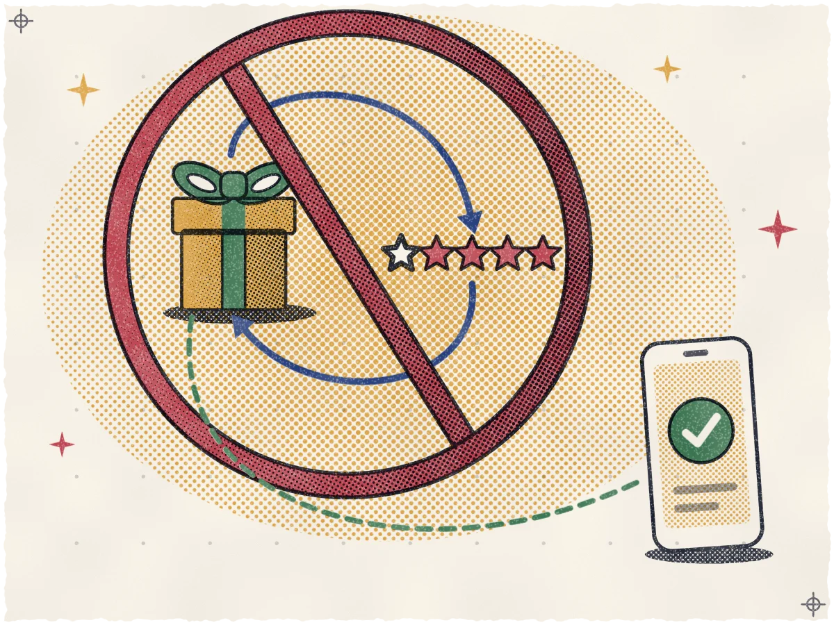 Print of an ochre gift box with a teal ribbon on the left and a row of five stars on the right (the first one hollow and near-black, the other four filled rose), two indigo arrows looping between them, a thick rose prohibition ring with a diagonal bar over the whole swap, and below it a lone phone with a teal check mark that the gift box reaches by a dashed teal line.