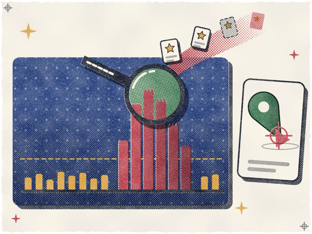 Print of a bar chart on an indigo plate, where a row of short ochre daily-review bars crosses a dashed normal-range line and then jumps to a tall cluster of rose bars, a near-black magnifier with a teal halftone lens sits over the spike, torn-off bar tops drift away as tilted cream review cards with one star each that fade into rose dots, and beside the chart a teal map pin on a cream card tips sideways with a rose registration notch and crosshair cut into its base.
