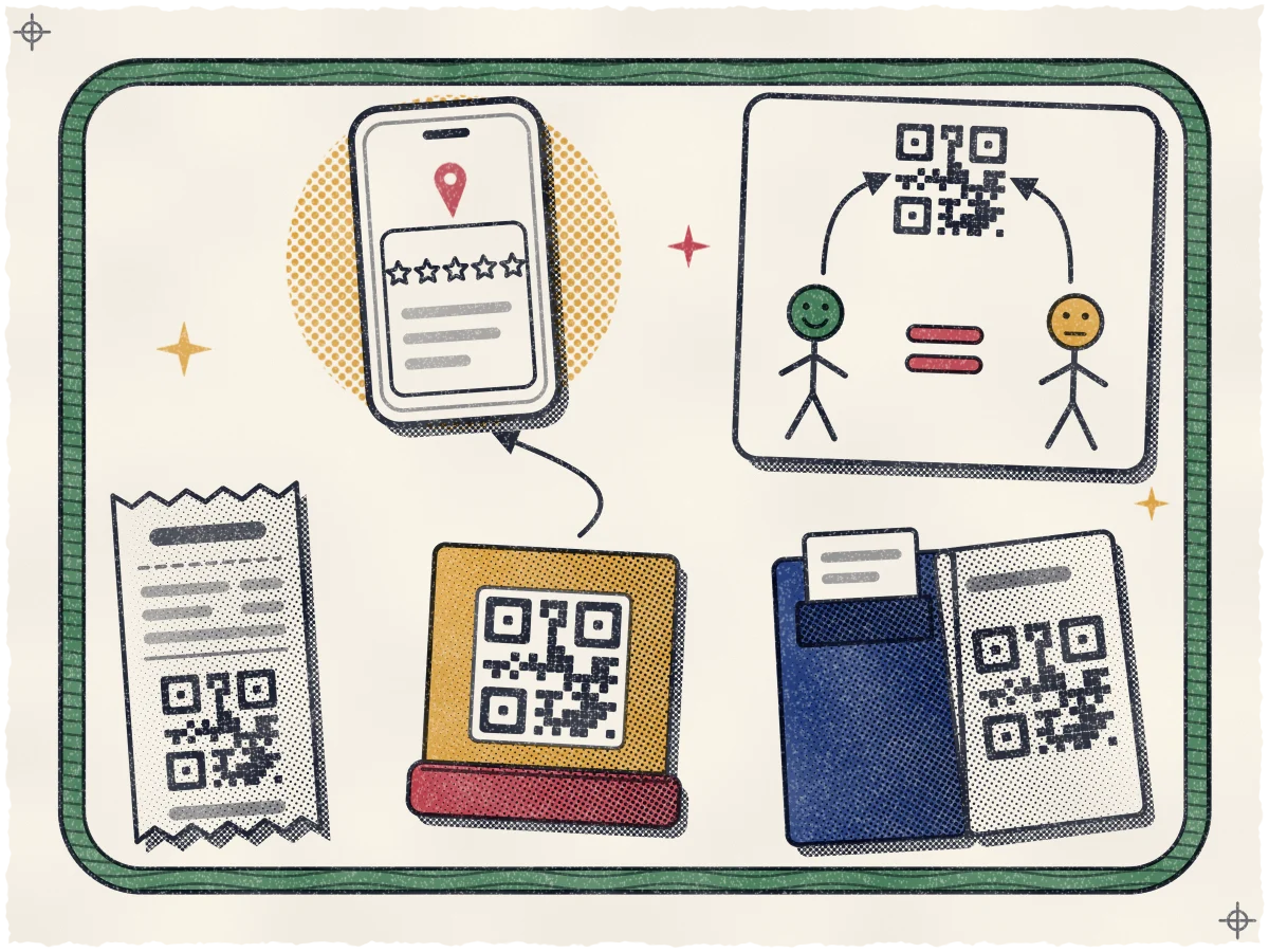 Print of a pine-teal table edge with a printed receipt strip, an ochre table-tent card on a rose foot and an open indigo bill folder, each carrying the same QR code, one arrow curving from the tent card to a phone showing an empty review card with five outlined stars and a rose map pin, and beside it a card with a happy teal guest and a neutral ochre guest, an equals sign between them and arrows from both pointing at the same QR.