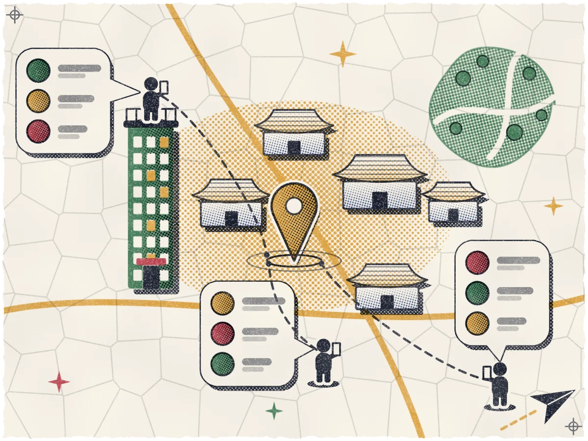 Print of a street map with an ochre shop pin among cream Korean rooftops, where three small black figures (one a block away, one on top of a tall teal hotel tower, one far off beside a paper plane) each hold up a speech bubble listing rose, ochre and teal dots in a different order, with dashed lines running from each figure to the pin.