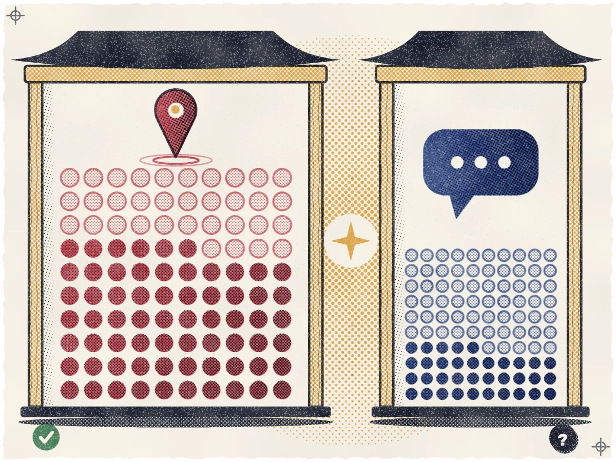 Print of two cream hanok gates, a wide one framing a 10 by 10 dot grid with 66 solid rose dots under a rose map pin and a narrow one framing a grid with 35 solid indigo dots under an indigo chat bubble, an ochre star between them, a check mark at the lower left and a "?" at the lower right.