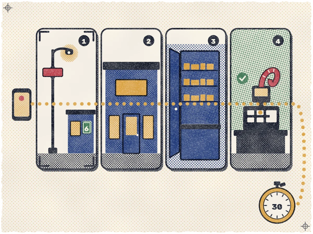 Print of four phone-shaped frames showing one continuous take (street with lamp post and number plate, shop sign, open doorway with shelves and counter, cash register with a receipt), joined by a single dotted ochre line from a phone with a red recording dot at the left to a stopwatch reading 30 at the bottom right.